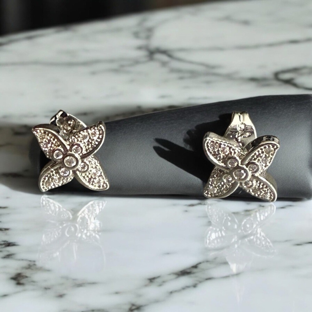 Set of 2 Pairs Of Rhodium Electroplated With Cz Stones Post Back Earrings
